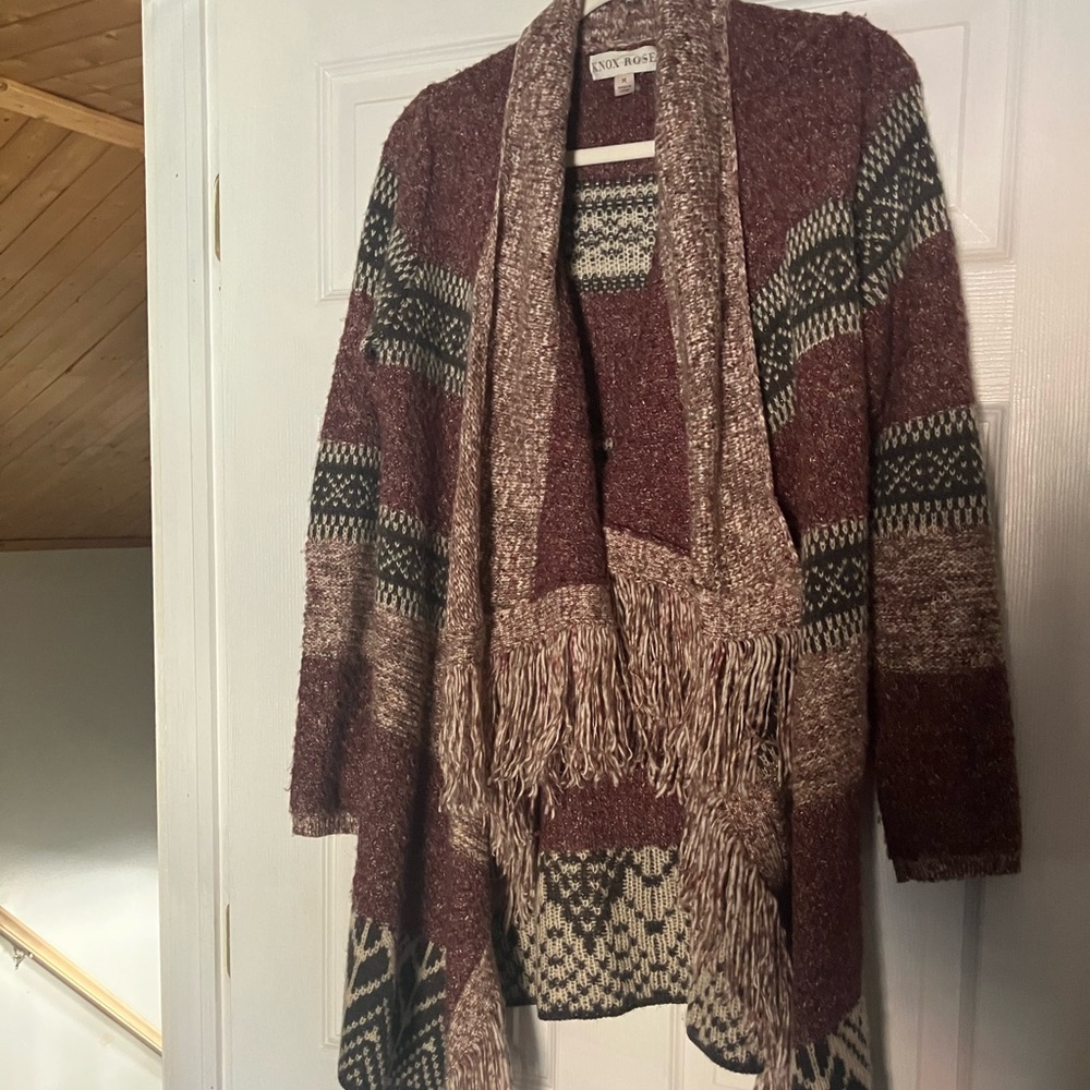 Knox Rose Purple and Black Fringe Open-Front Cardigan